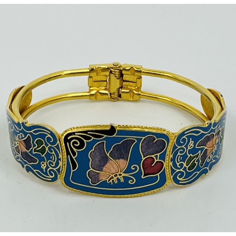 Vintage Cloisonné Hinged Bracelet Clasp Gold Tone Flowers Butterflies